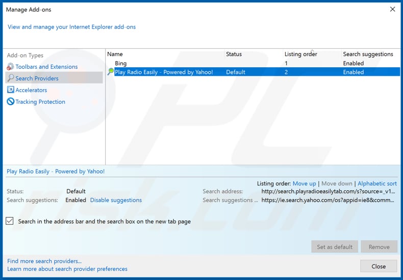 Removing search.playradioeasilytab.com from Internet Explorer default search engine