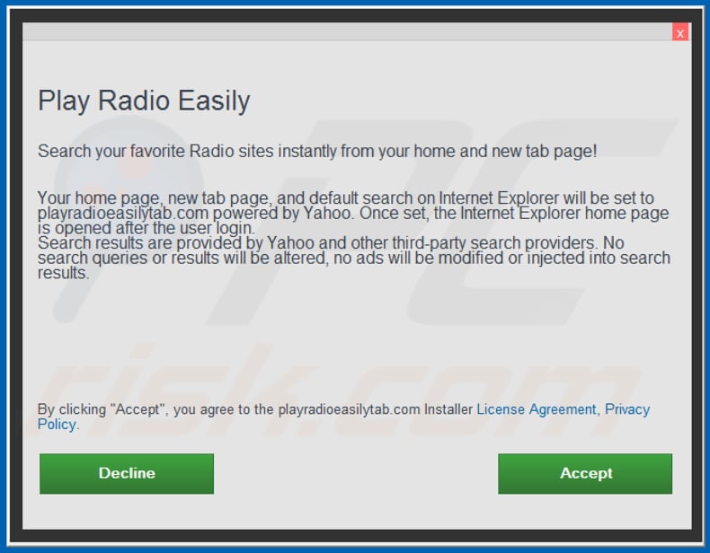 Official Play Radio Easily browser hijacker installation setup