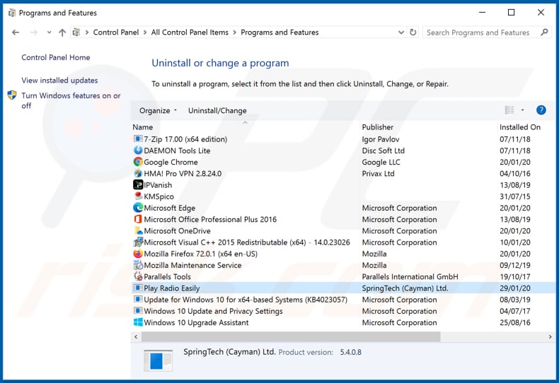 search.playradioeasilytab.com browser hijacker uninstall via Control Panel