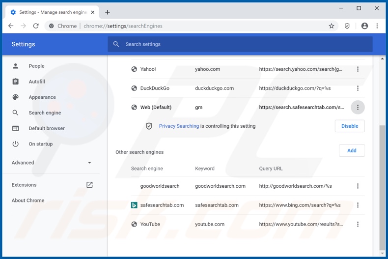Removing search.safesearchtab.com from Google Chrome default search engine