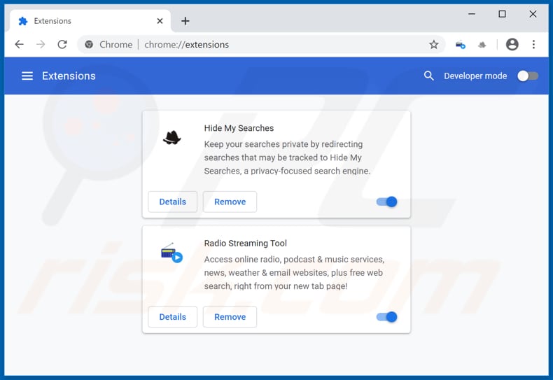 Removing search.radiostreamingtooltab.com related Google Chrome extensions