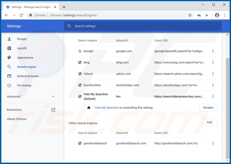 Removing search.radiostreamingtooltab.com from Google Chrome default search engine