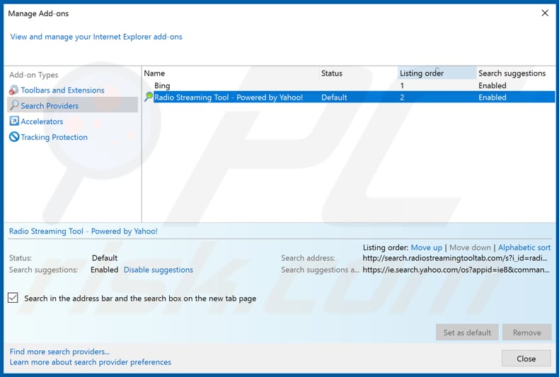 Removing search.radiostreamingtooltab.com from Internet Explorer default search engine