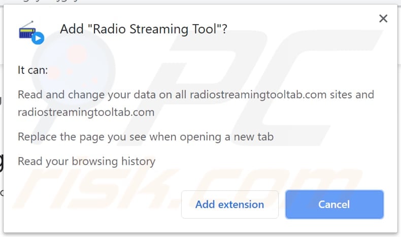 radio streaming tool browser hijacker asks for a permission to access and change various data