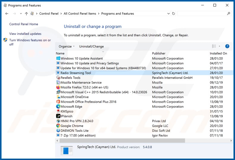 search.radiostreamingtooltab.com browser hijacker uninstall via Control Panel