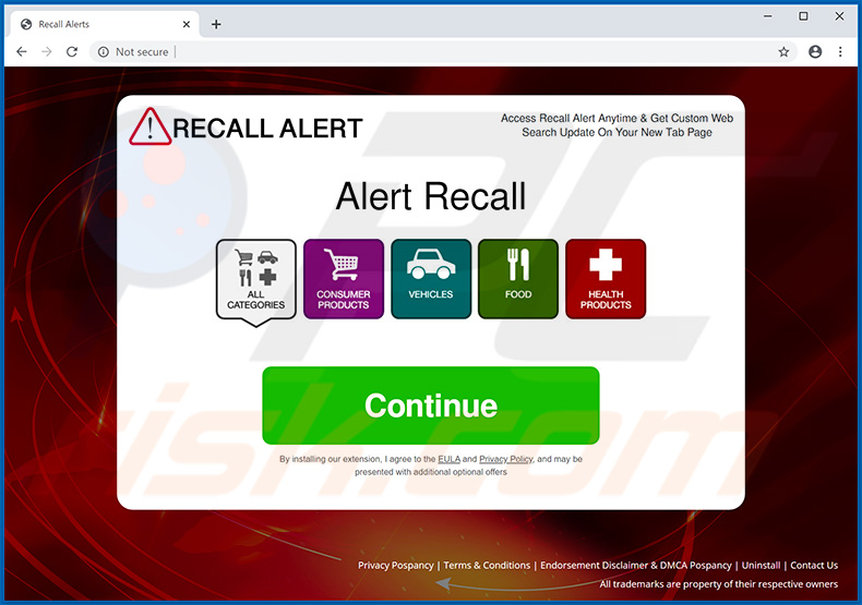 Recall Alerts browser hijacker-promoting website