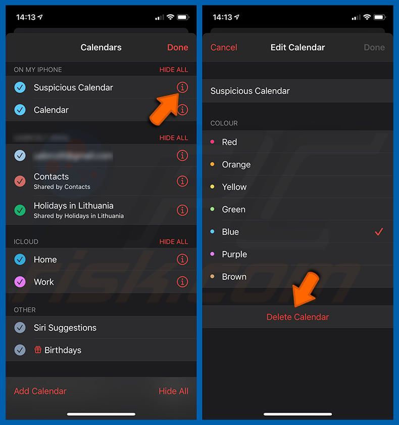 Removing rogue calendars from mobile Apple devices (step 2)