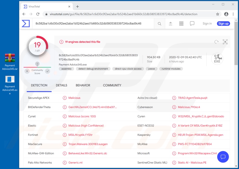 Request For Payment scam email malicious attachment VirusTotal detections (Payment Advice345.exe)