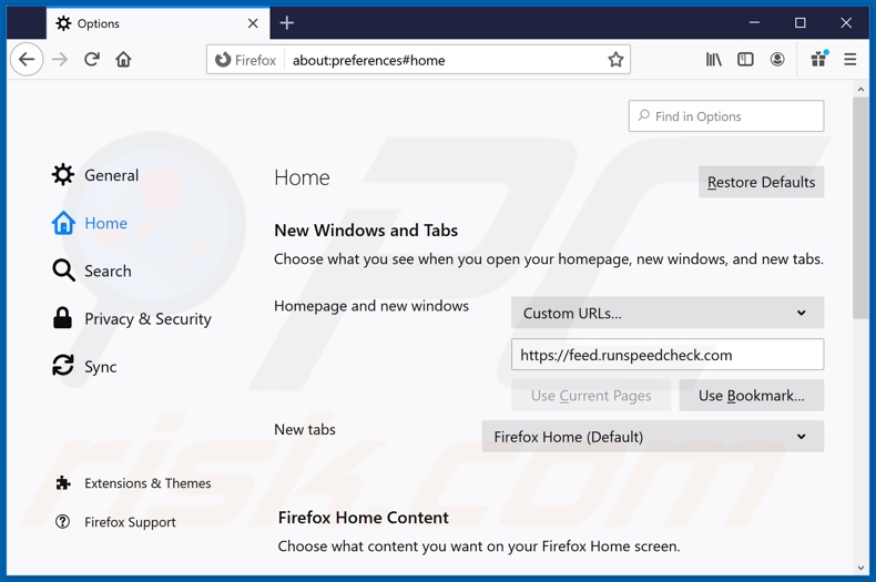 Removing feed.runspeedcheck.com from Mozilla Firefox homepage
