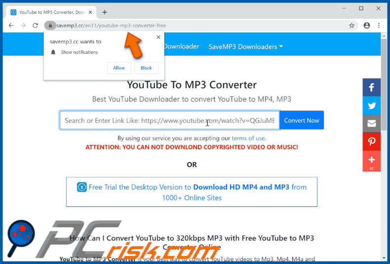 savemp3[.]cc website redirecting to rogue website (GIF)