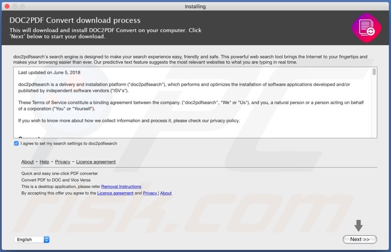 Delusive installer used to promote search.doc2pdfsearch.com