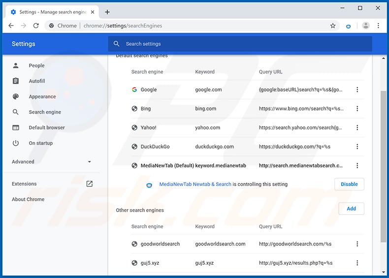 Removing search.medianewtabsearch.com from Google Chrome default search engine