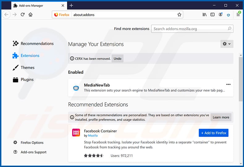 Removing search.medianewtabsearch.com related Mozilla Firefox extensions