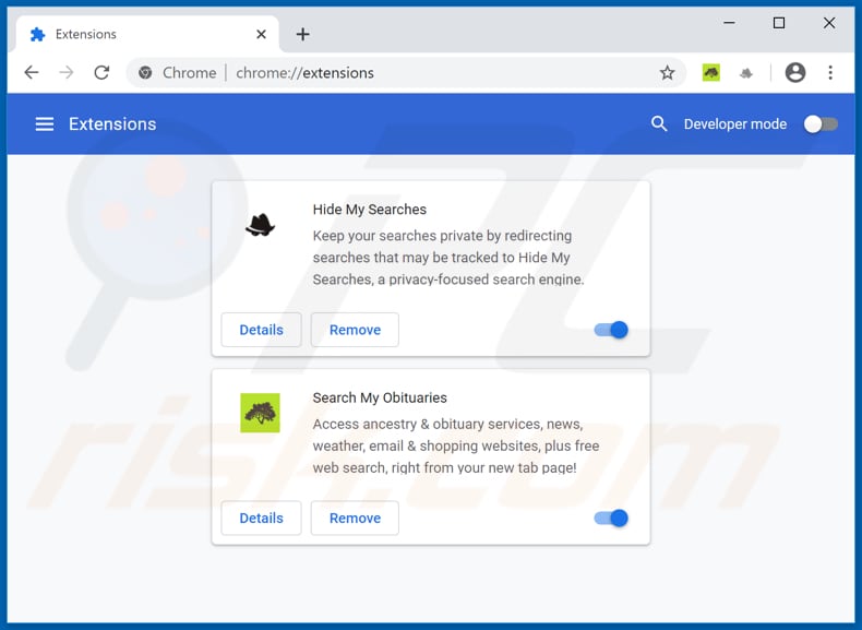 Removing search.searchmyobituariestab.com related Google Chrome extensions