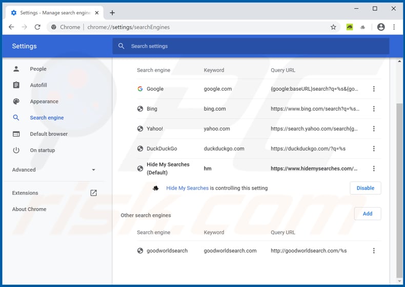 Removing search.searchmyobituariestab.com from Google Chrome default search engine