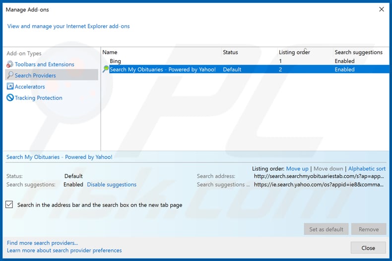 Removing search.searchmyobituariestab.com from Internet Explorer default search engine
