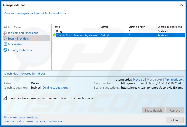 Removing search.hsearchplus.co from Internet Explorer default search engine