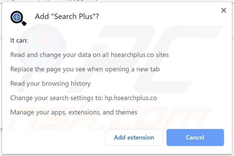 Search Plus browser hijacker asking for permissions