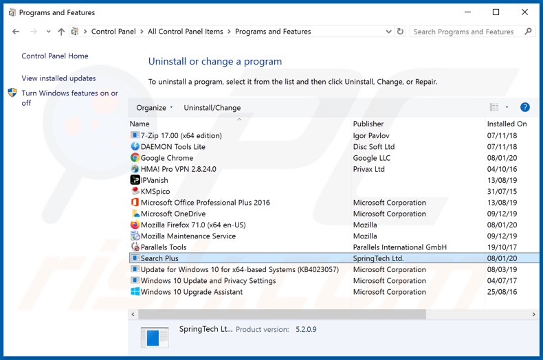 search.hsearchplus.co browser hijacker uninstall via Control Panel