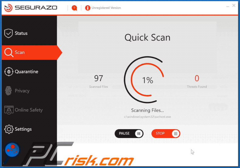 Segurazo unwanted application performing a system scan