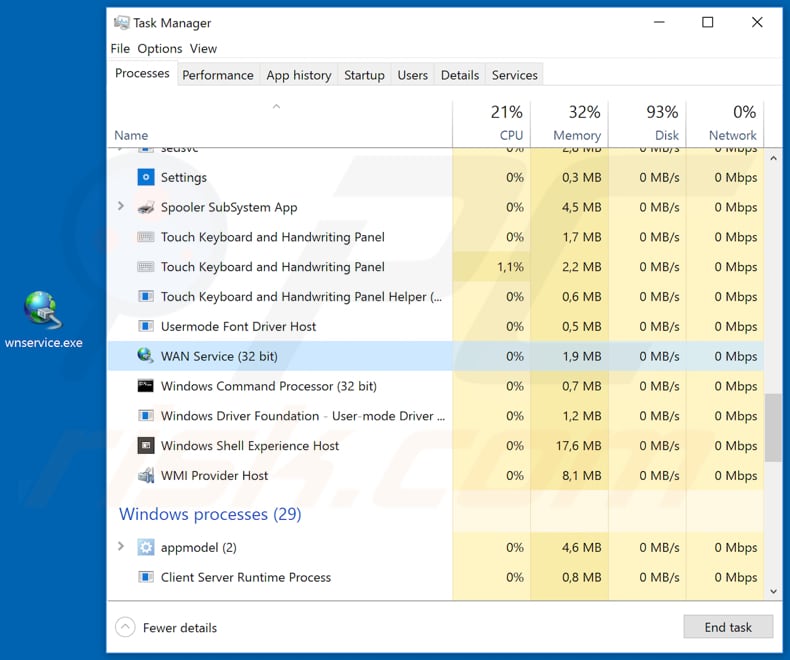 example of sLoad malware diguising as WAN Service