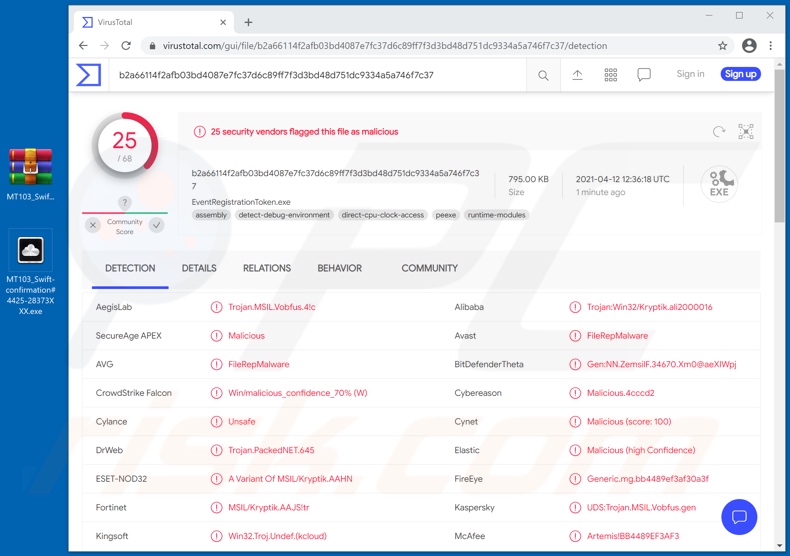 Socar email virus attachment VirusTotal detections (MT103_Swift-conformation#4425-28373XXX.exe)