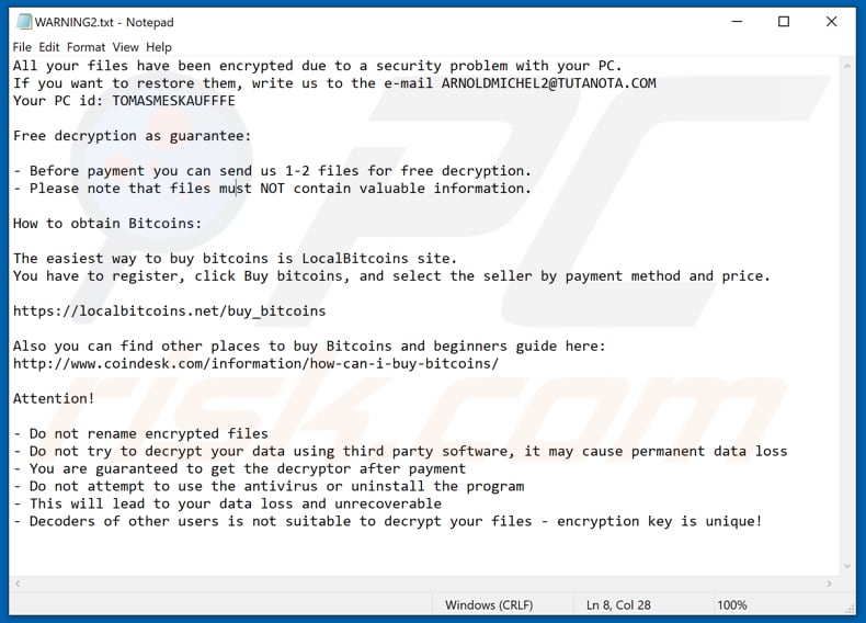 Somik1 ransomware text file (WARNING2.txt)