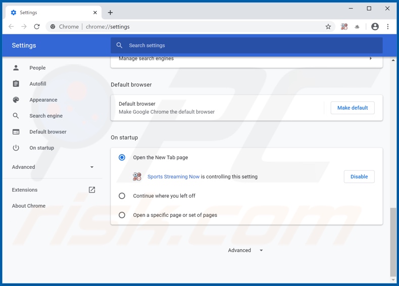 Removing search.sportsstreamingnowtab.com from Google Chrome homepage