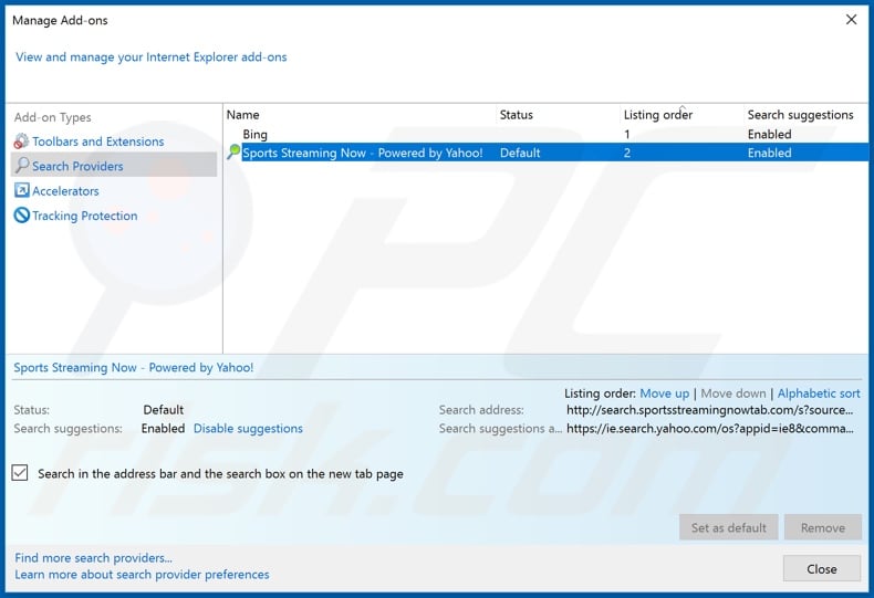 Removing search.sportsstreamingnowtab.com from Internet Explorer default search engine