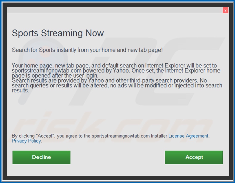 Official Sports Streaming Now browser hijacker installation setup