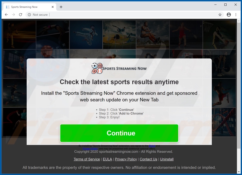 Website used to promote Sports Streaming Now browser hijacker