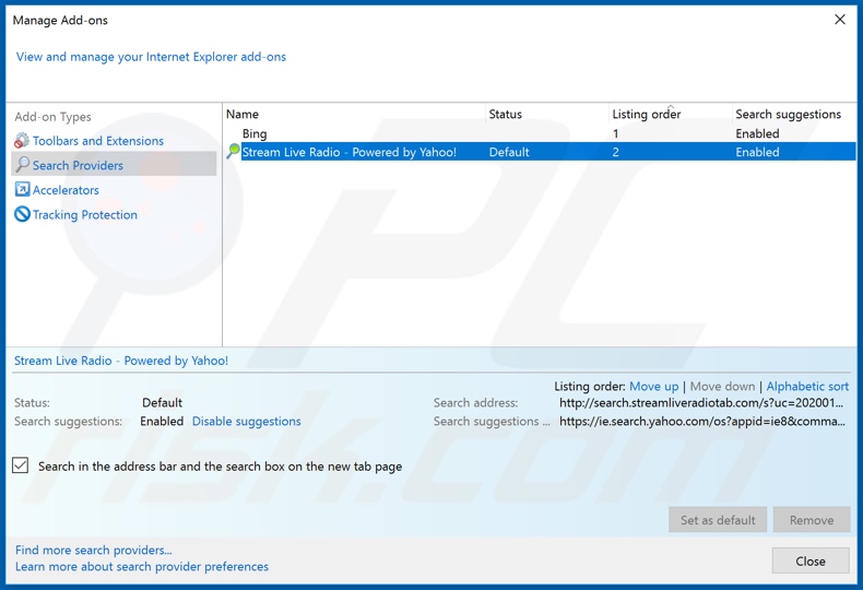 Removing search.streamliveradiotab.com from Internet Explorer default search engine