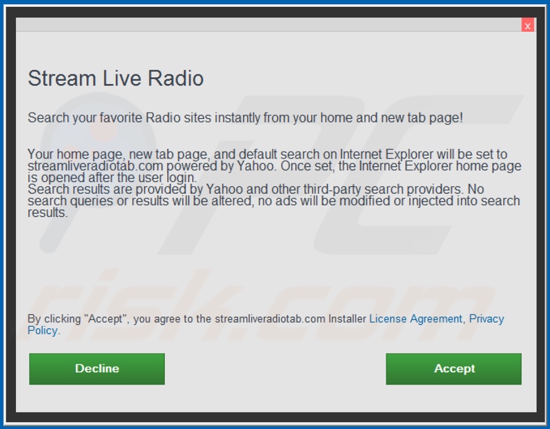Official Stream Live Radio browser hijacker installation setup