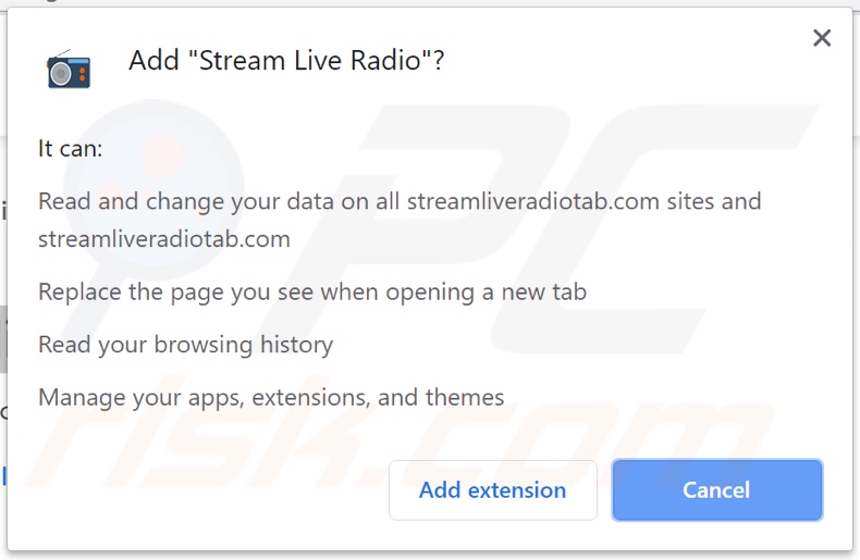 Stream Live Radio browser hijacker asking for permissions