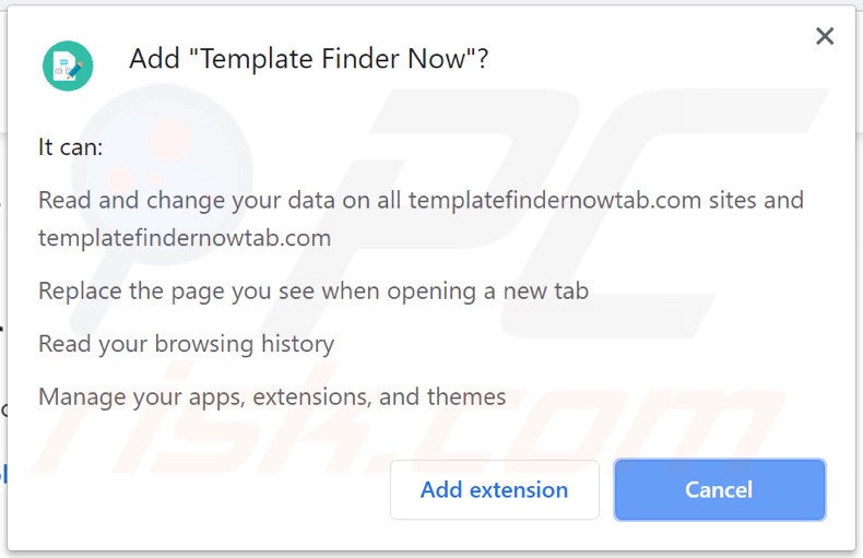 Template Finder Now browser hijacker asking for permissions