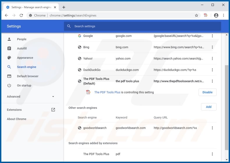 Removing thepdftoolssearch.net from Google Chrome default search engine