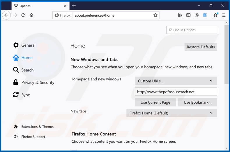 Removing thepdftoolssearch.net from Mozilla Firefox homepage