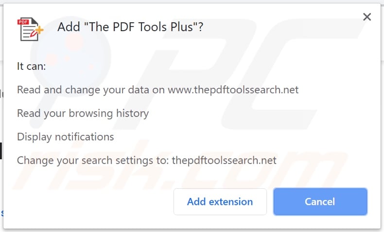 The PDF Tools Plus browser hijacker asking for permissions (Chrome)