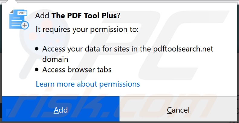 The PDF Tools Plus browser hijacker asking for permissions (Firefox)