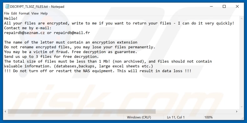 Tl30z ransomware ransom-demanding message (DECRYPT_TL30Z_FILES.txt))