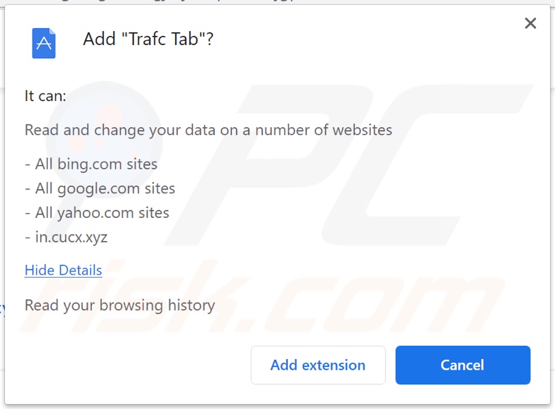 Trafc Tab browser hijacker asking for permissions
