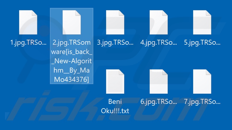 Files encrypted by TRSomware is back ransomware (.TRSomware[is_back__New-Algorithm__By_MaMo434376] extension)