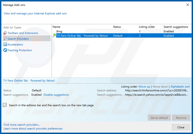 Removing search.htvfansonline.com from Internet Explorer default search engine