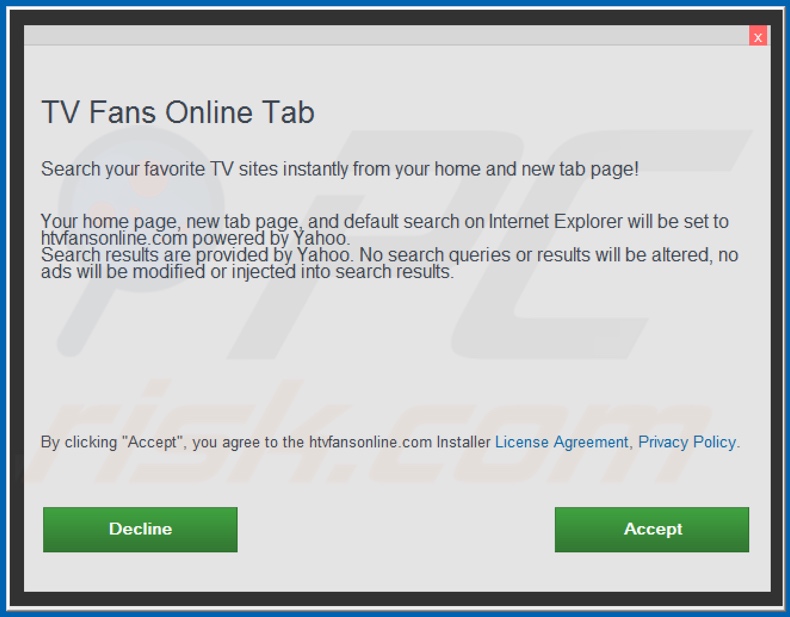 Official TV Fans Online Tab browser hijacker installation setup