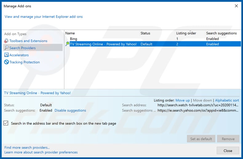 Removing search.watch-tvlivetab.com from Internet Explorer default search engine