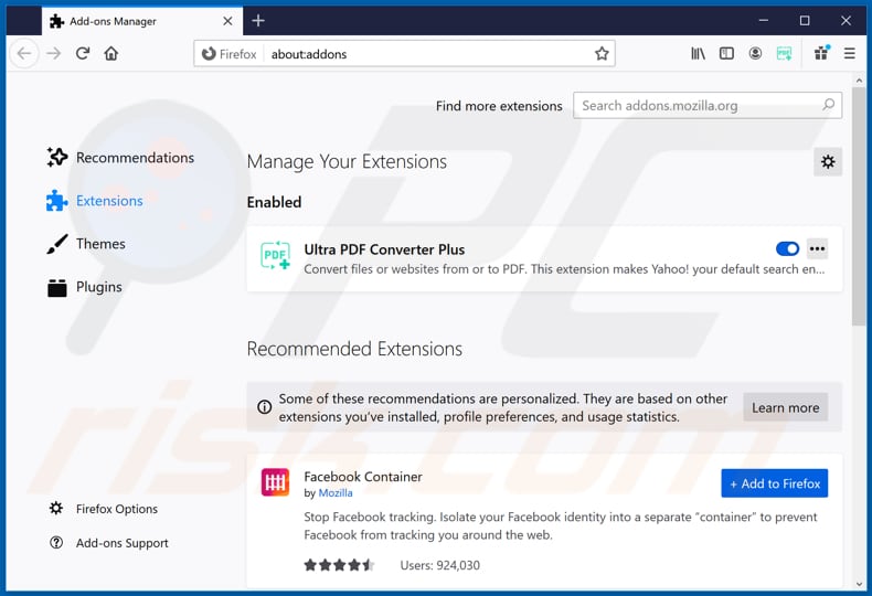 Removing ultrapdfconverterplussearch.com related Mozilla Firefox extensions