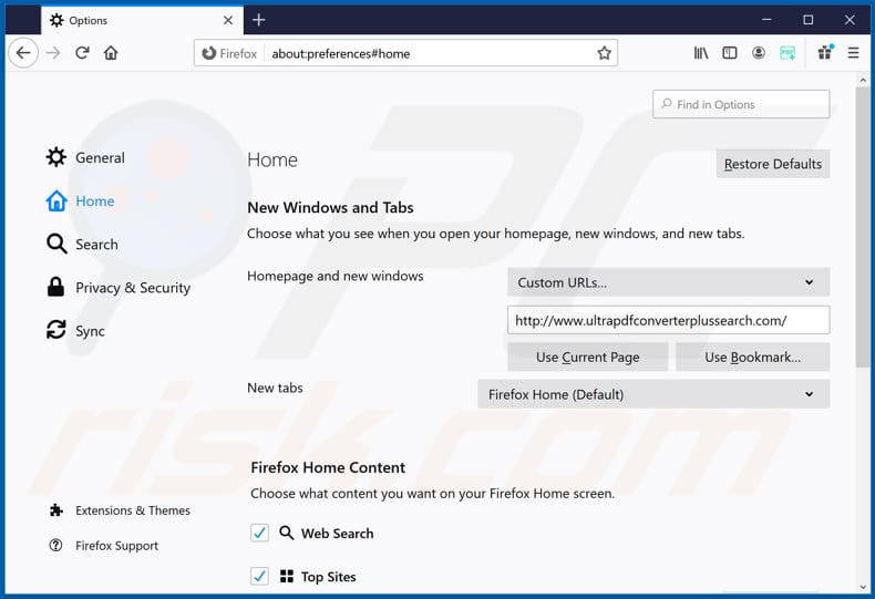 Removing ultrapdfconverterplussearch.com from Mozilla Firefox homepage
