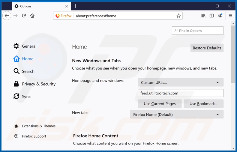 Removing feed.utilitooltech.com from Mozilla Firefox homepage