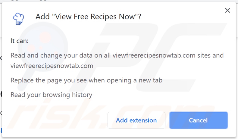 View Free Recipes Now browser hijacker asking for permissions