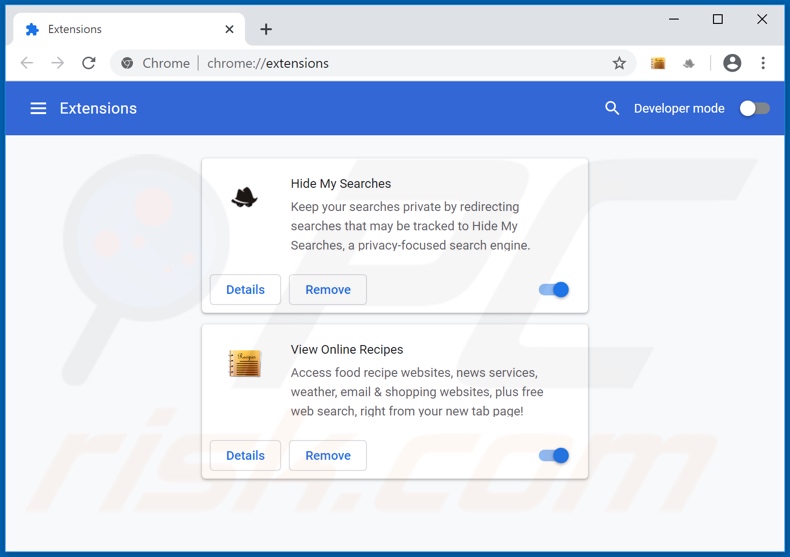 Removing search.viewonlinerecipestab.com related Google Chrome extensions